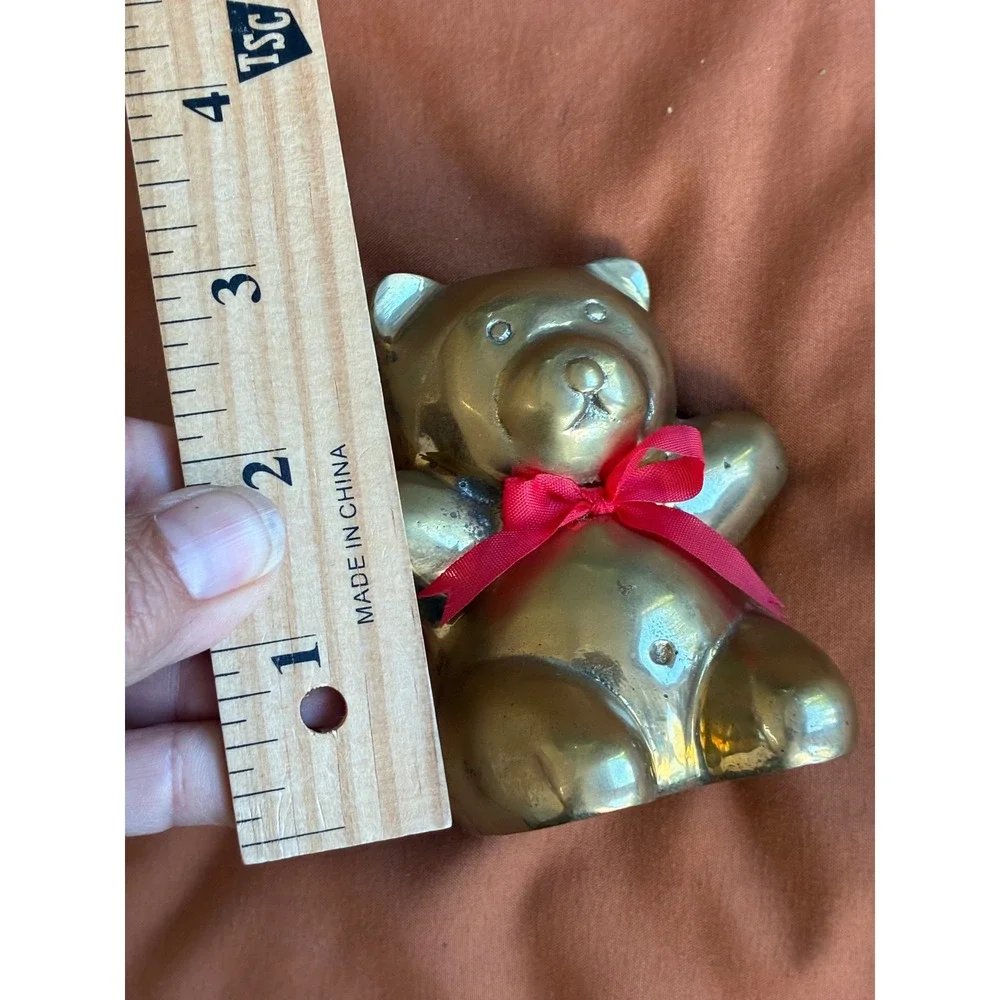 Vintage Solid Brass Teddy Bear Figurine Paperweight Red Ribbon Made in Taiwan